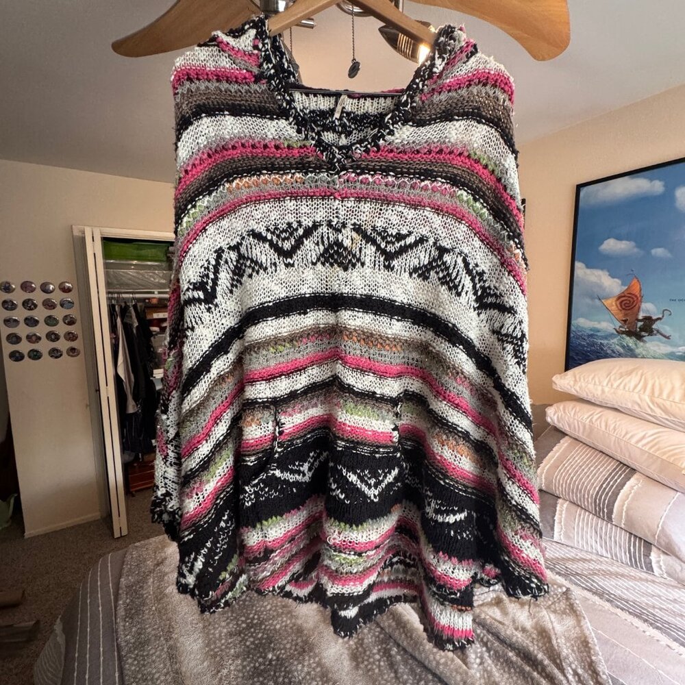 Free People Pink/White/Black Woven Poncho